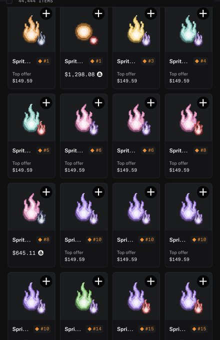 A marketplace interface displaying a grid of 16 items named 'Sprit...' with various colored flame icons, showing prices, rarity indicators (e.g., #1, #3, #10), and top offers like $1,298.08 and $149.59.