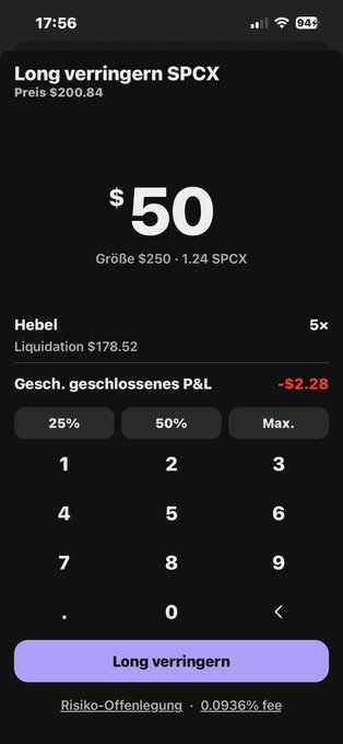 The image shows a phone screen displaying a calculator app with a long verringen SPCPX price of $50, along with other information about the cryptocurrency spacex. The text "Hab ganz schnell 50$ spacex vk wieder für 6% Schub Chance BTC eth weil ich 20x 25x bin" is also visible on the screen. This app seems to be related to Bitcoin and could potentially help users with their crypto trading activities, such as calculating long verringen SPCPX prices or determining the value of a cryptocurrency in terms of other cryptocurrencies like Bitcoin.