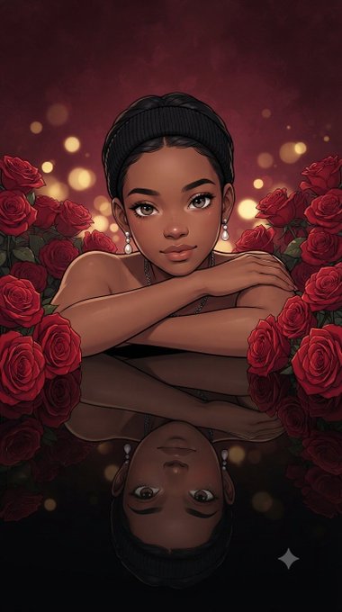 A stylized digital illustration depicts a young Black woman with a black headwrap and pearl drop earrings, resting her arms amid a lush bed of red roses. The lower half shows her mirrored reflection gazing upward, creating a symmetrical composition against a warm, glowing bokeh background that complements the contemplative, community-focused message.