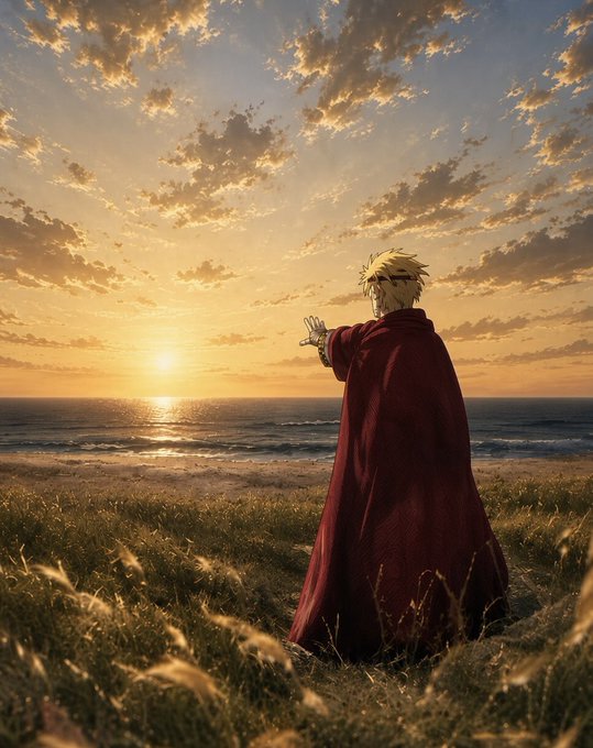 An anime-style illustration of a blonde-haired figure in a flowing red cloak standing in tall grass at sunset, reaching a hand toward the setting sun over the ocean.