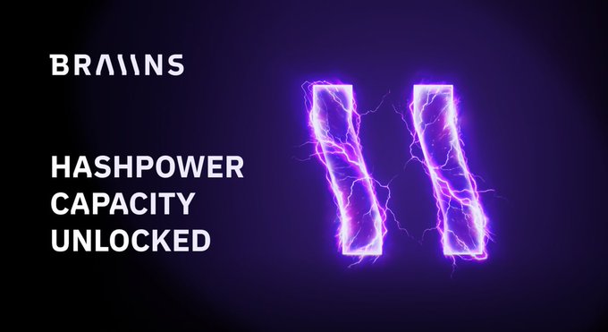 BRAIINS features a stylized purple neon "B" logo with electric lightning effects, alongside the tagline "HASHPOWER CAPACITY UNLOCKED," visually reinforcing the post's announcement of expanding hashrate rental capacity from 3 EH/s to 5 EH/s.