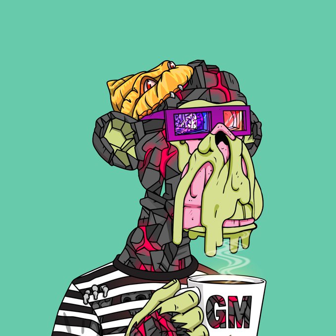 A digital illustration of a zombified or lava-like figure wearing 3D glasses and a striped shirt, holding a white mug with the text 'GYM' and a yellow brain exposed on top of its head.