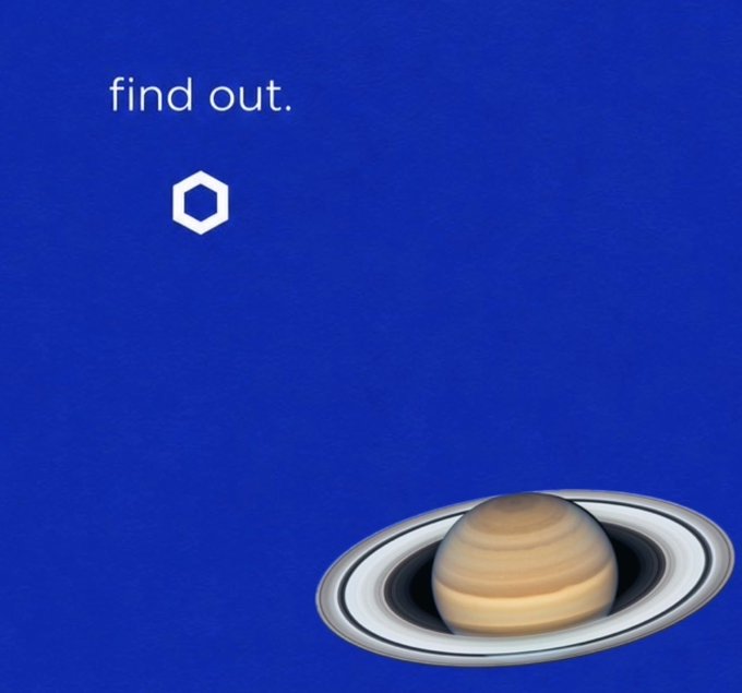 A blue background features an image of Saturn in the lower right corner, a white hexagon near the center, and the text "find out." in the upper left. The hexagon is the logo for Chainlink, a blockchain oracle network.