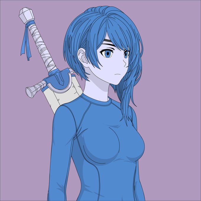 An anime-style illustration of a blue-haired woman with a sword strapped to her back, wearing a blue top against a purple background.