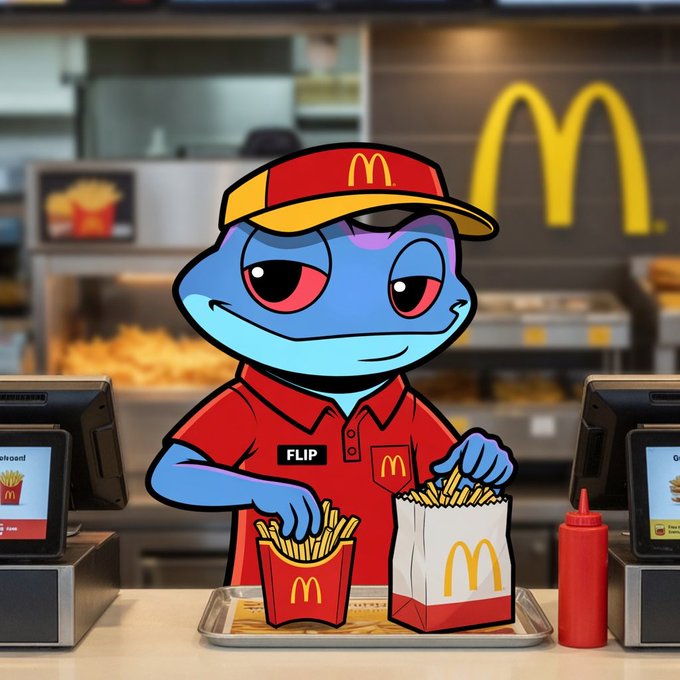 A cartoon blue lizard-like character wearing a McDonald's cap and red uniform with a 'FLIP' nametag, holding fries at a McDonald's counter with the iconic golden arches in the background.