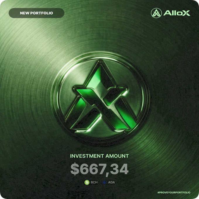 A green digital crypto asset card for 'AlloX' showing an investment amount of $667.34 for BCH and ADA, with the hashtag '#PROVEYOURPORTFOLIO'.