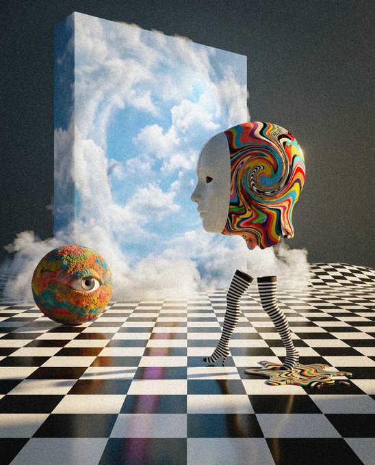 A surreal digital artwork featuring a colorful swirled head on striped legs, a textured eyeball, and a checkered floor against a cloudy sky backdrop.