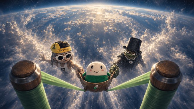 A whimsical digital artwork showing a character wearing a 'DON'T TWEET' cap, a mustachioed figure in a top hat, and a small character on a slingshot above the clouds.