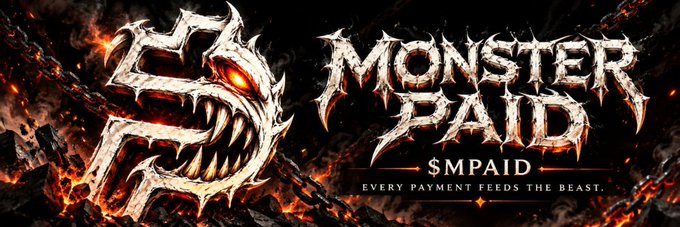 A fierce, demonic dragon-like creature with glowing red eyes and sharp teeth emerges from a fiery, volcanic background beside the bold, jagged text "MONSTER PAID" and "$MPAID," accompanied by the tagline "EVERY PAYMENT FEEDS THE BEAST," visually representing the newly added banner image for the Solana token $MPAID on Moby.