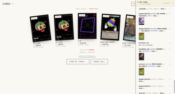 A webpage titled 'CYRDS' displays a 'PACK FIELD YOUR PULL' section featuring artist cards including Infrshik, ioMarinov, and sxntenterion, alongside an activity feed.