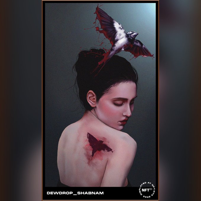 A dark, artistic portrait of a woman with a bird emerging from her head and a butterfly-shaped tattoo/wound on her shoulder, credited to "DEWDROP_SHABNAM" with a "DEWDROP ART BEYOND NFT" logo.
