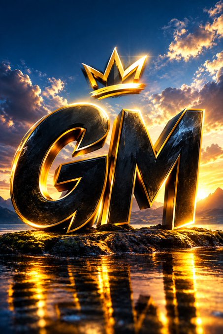3D-rendered golden 'GM' text topped with a crown, set against a dramatic sunset sky over water.