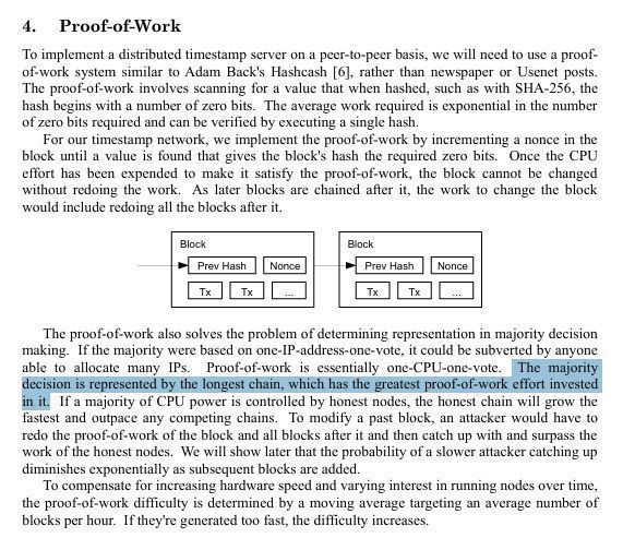 A screenshot of Section 4 'Proof-of-Work' from the Bitcoin whitepaper, discussing the implementation of a distributed timestamp server using proof-of-work, with a highlighted sentence about majority decision representation.