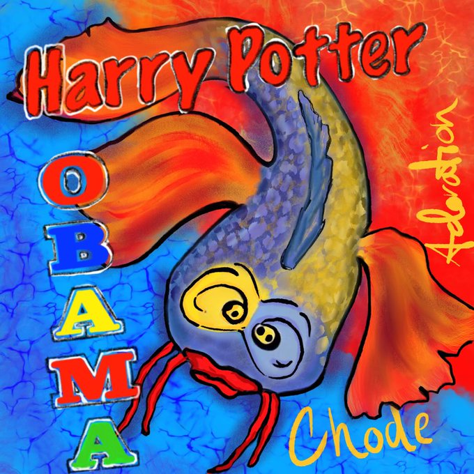 A colorful, psychedelic digital drawing of a fish-like creature, with the text 'Harry Potter', 'OBAMA', 'Chode', and 'Noodle' scattered around it.