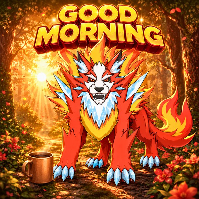 A furry mythical creature with orange, yellow, and blue fur stands in a forest setting with the text "GOOD MORNING" above it and a cup of coffee nearby, illustrating the post's reminder that those "sleeping" on the Companeons NFT phases may miss out on the 5x MystiKeys giveaway.
