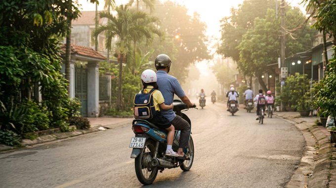 A person and child wearing helmets ride a motorbike down a sunny street lined with trees and buildings, with other cyclists visible in the distance.