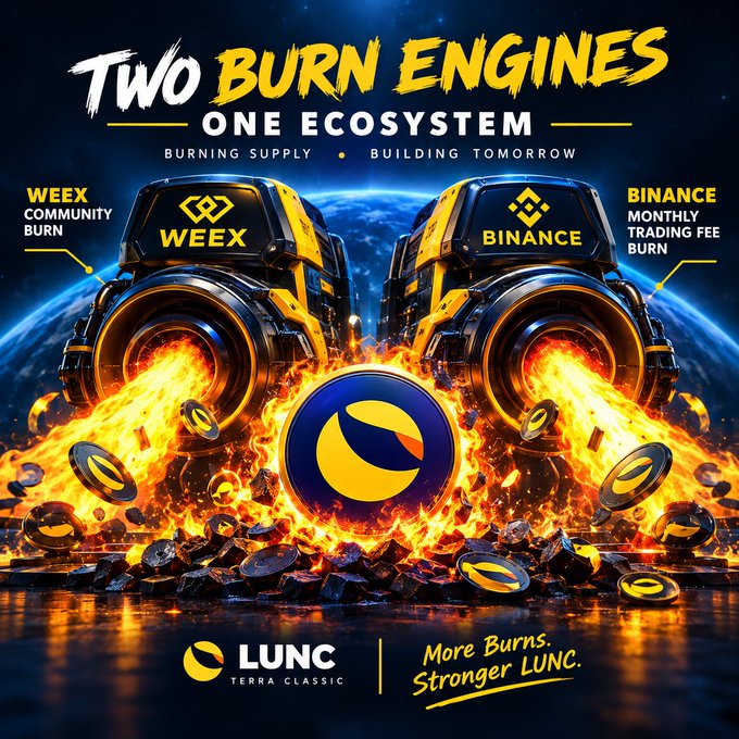 A promotional graphic titled 'Two BURN ENGINES ONE ECOSYSTEM' featuring mechanical thrusters labeled WEEX and BINANCE with flames, centered around the LUNC (Terra Classic) cryptocurrency logo.
