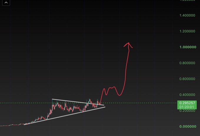 A stock chart shows a breakout from a symmetrical triangle pattern with a sharp upward move highlighted by a red arrow, suggesting a bullish price projection to $1.00 on the $AI ticker, reinforcing the post's claim that the stock will "win" and reach $1.