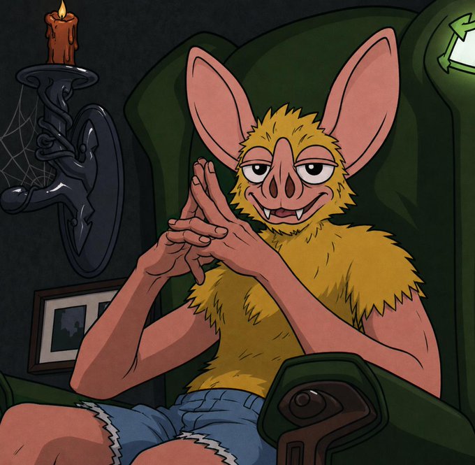 A smug-looking bat-like creature with large pink ears and yellow fur sits confidently in a green armchair, fingers steepled together as if plotting something, illuminated by a single candle on a gothic wall sconce. The post "he believes" pairs perfectly with the creature's self-assured, scheming grin, suggesting a villainous character fully convinced of their own devious plan.