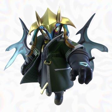 A 3D render of a character wearing an ornate gold star-shaped helmet, dark green coat, and holding a bladed weapon, set against a white background.