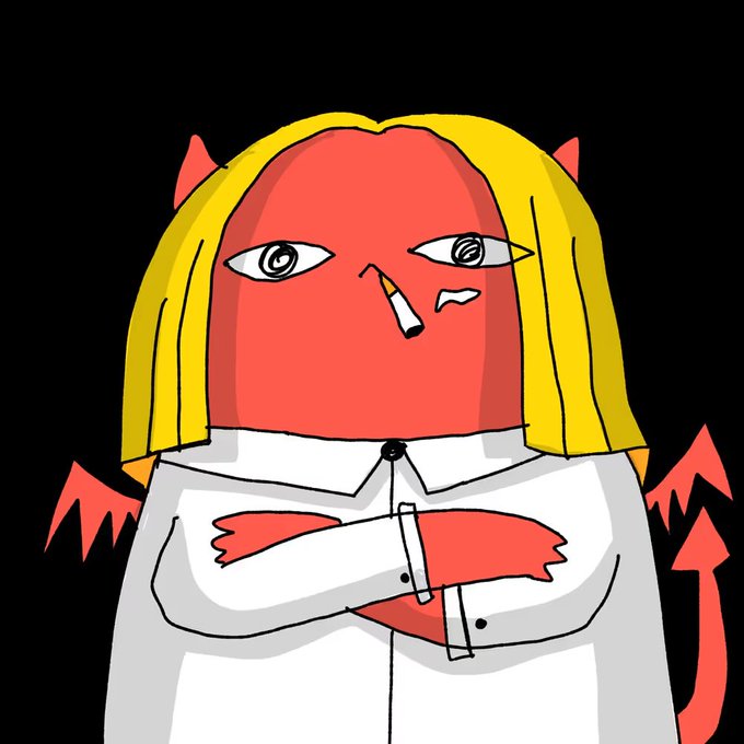 A digital drawing depicts a red-skinned devil character with blonde hair, horns, and a tail, holding a cigarette in its mouth and wearing a white shirt.