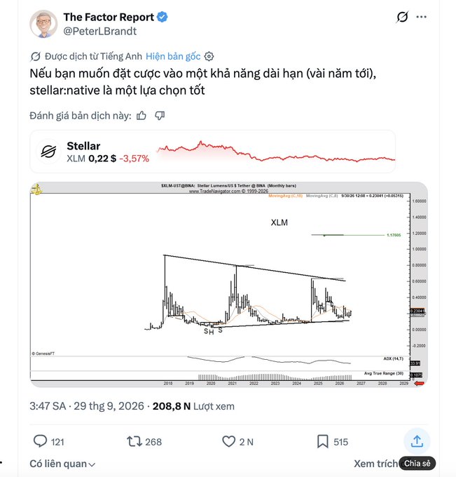 A translated tweet by The Factor Report (@PeterLBrandt) suggesting 'stellar:native' (XLM) as a good long-term bet, accompanied by a long-term price chart of XLM trading at $0.22.