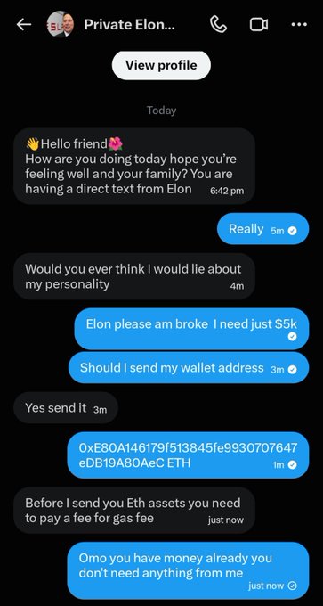 A screenshot of a fake text message from "Private Elon" offering ETH but requesting a gas fee payment first, showing the wallet address 0xE80A146179f513845fe9930707647eDB19A80AeC before the user realizes it's a scam.