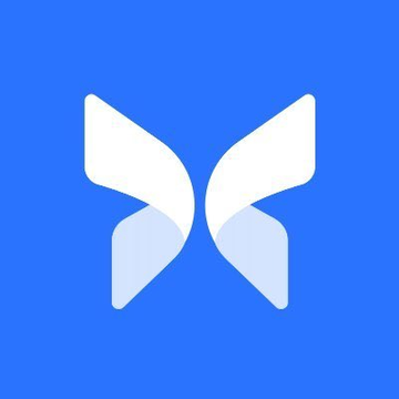 Simple white stylized logo resembling wings or an 'M' shape on a solid blue background.