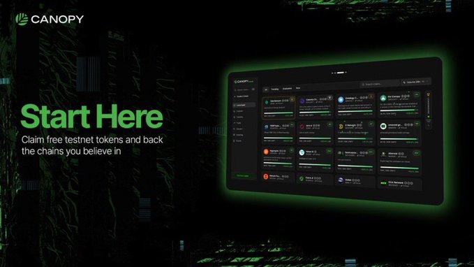 A promotional banner for Canopy with the text 'Start Here - Claim free testnet tokens and back the chains you believe in' alongside a tablet displaying a dashboard with various token listings.
