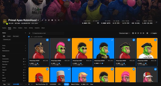 A screenshot of an NFT marketplace page for the 'Primal Apes RobinHood' collection, showing various ape character listings with prices like 0.0003 ETH and floor price data.