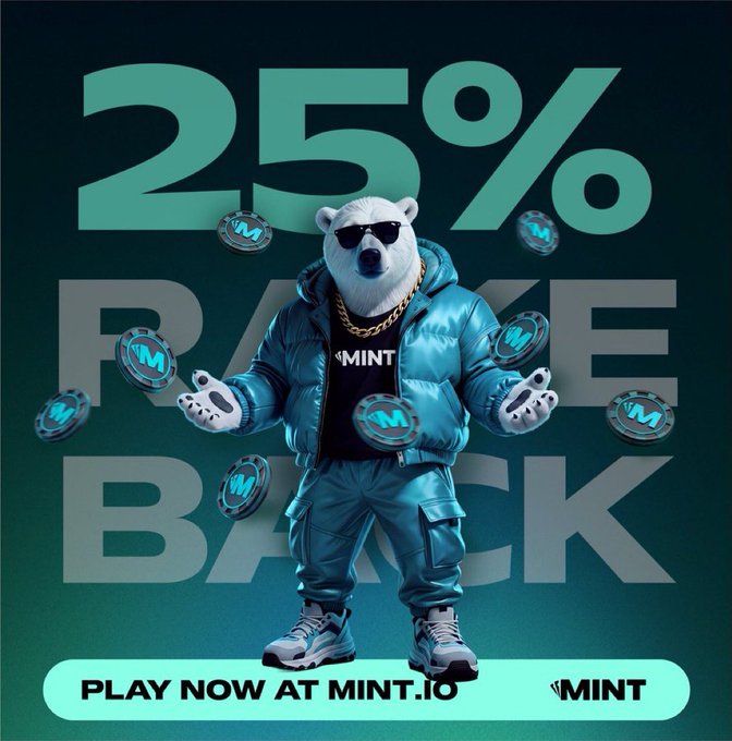A promotional advertisement showing a polar bear character wearing sunglasses and a blue puffer jacket with 'MINT' branding, offering '25% RAKE BACK' with floating tokens around it, directing viewers to play at mint.io.