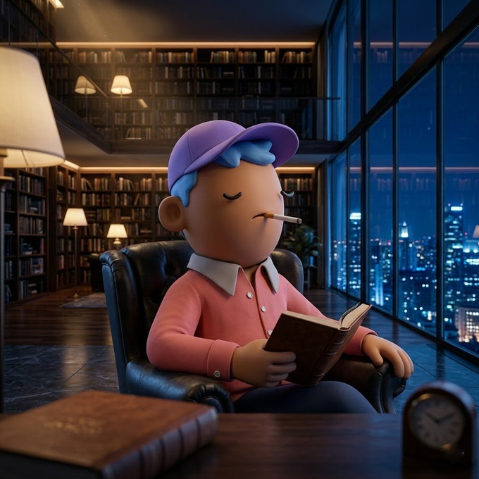 A 3D rendered cartoon character wearing a purple cap and pink sweater, reading a book with a cigarette in mouth, sitting in a leather chair by a window overlooking a nighttime city.