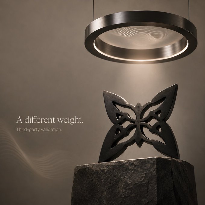 A dark, butterfly-shaped metal sculpture rests on a stone pedestal beneath a glowing circular ring light, with the text "A different weight. Third-party validation." displayed on the left. The image visually reinforces the post's message about @quipnetwork's quantum computing approach—pairing the illuminated ring (symbolizing a focused, validated network) with the sculpted butterfly (representing transformation through applied computation) to emphasize how their platform delivers real optimization rather than just speed.
