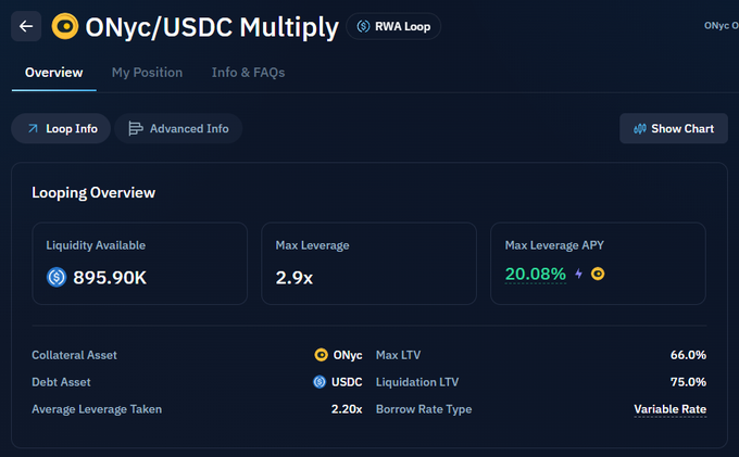 A cryptocurrency interface screenshot for 'ONyc/USDC Multiply' showing a Liquidity Available of 895.90K, Max Leverage of 2.9x, and Max Leverage APY of 20.08%.