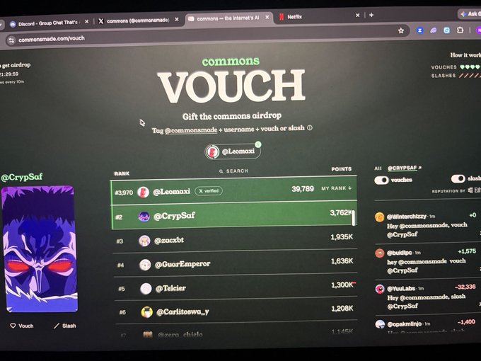 A screenshot of the 'commons VOUCH' airdrop leaderboard on commonsmode.com, showing user rankings with @Leomaxi at #1 with 39,789 points and @CrypSaf at #2 with 3,762 points.
