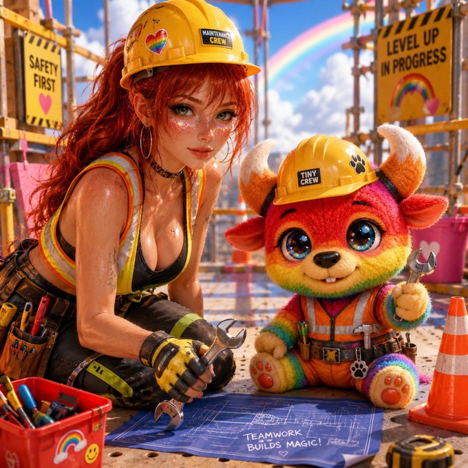 A vibrant digital illustration of a red-haired woman in construction gear alongside a colorful furry mascot creature, with signs reading 'SAFETY FIRST' and 'LEVEL UP IN PROGRESS'.
