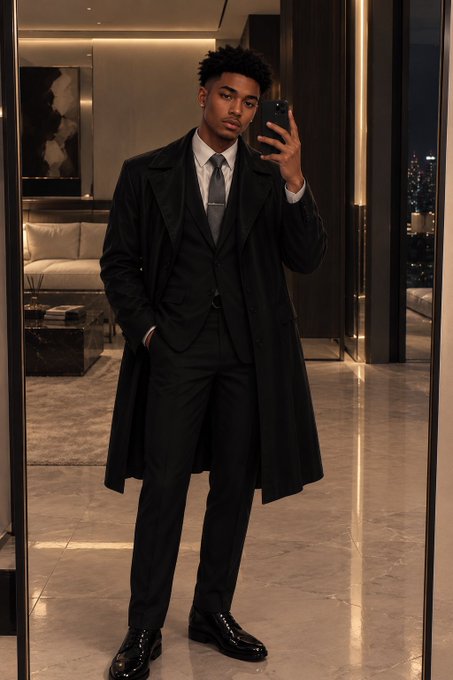 A young man taking a mirror selfie while wearing a sleek all-black ensemble consisting of a long coat, suit, tie, and polished dress shoes, standing in a luxurious modern interior with city views.
