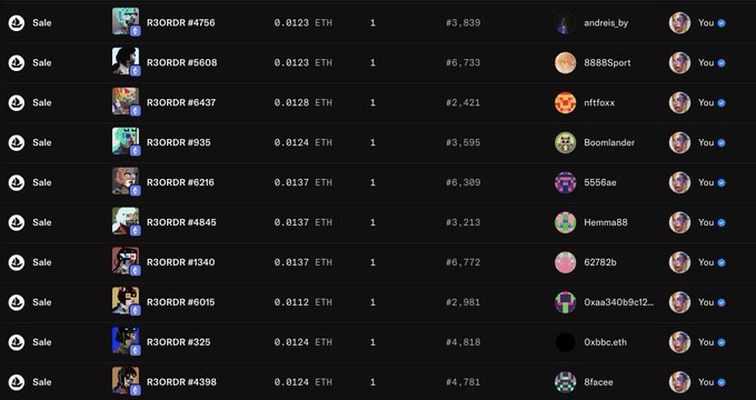 A screenshot of an NFT marketplace sales list showing R3ORDR collection items priced around 0.0123-0.0137 ETH, with buyer handles like andreis_by, 8888Sport, and nftfoxx.