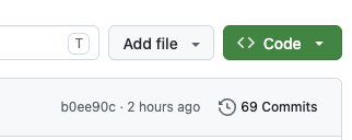 A screenshot of a GitHub interface showing user "b0ee90c" with "2 hours ago" and "69 Commits," along with buttons for "Add file" and "Code."