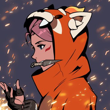 Anime-style digital illustration of a character in an orange animal-eared hood with pink hair, holding a knife against a dark background with glowing embers.