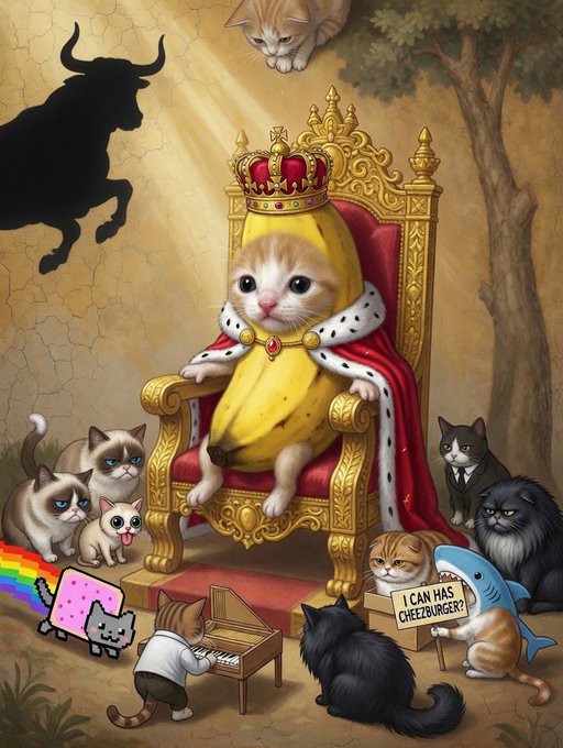 A whimsical illustration depicting a kitten wearing a crown and royal robes sitting on a golden throne, surrounded by other cats in various scenes including one playing piano and a cat holding a sign reading "I CAN HAS CHEEZBURGER?"