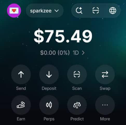 A mobile crypto wallet screenshot for the account 'sparkzee' showing a balance of '$75.49' with options for Send, Deposit, Scan, Swap, Earn, Perps, Predict, and More.