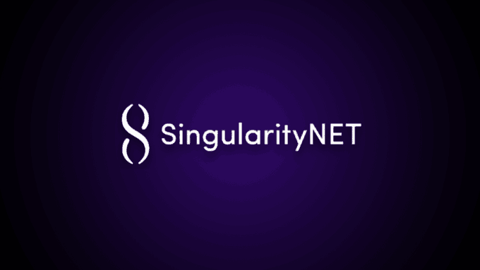 The SingularityNET logo featuring an infinity-like symbol and the text 'SingularityNET' in white on a dark purple background.