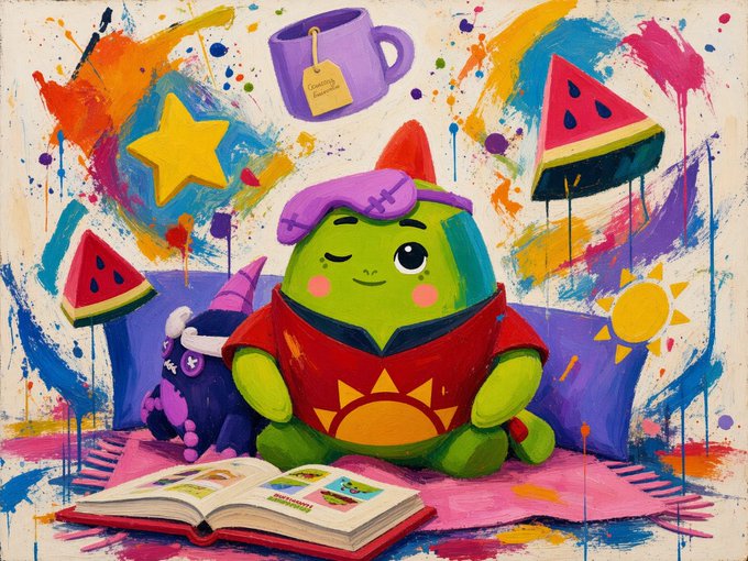 A colorful, whimsical painting features a green cartoon character with a purple hat and red shirt reading an open book, surrounded by floating objects including a teacup, watermelon slices, and a sun against a painted background.