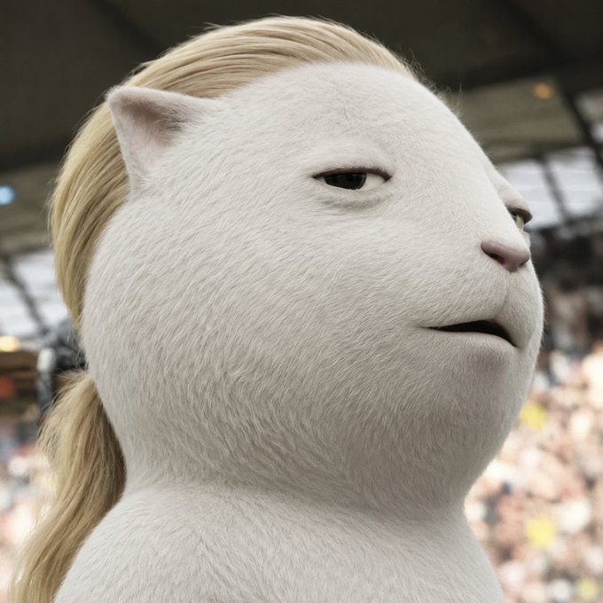 A bored-looking white cat with blonde hair stares into the distance amid a stadium crowd, evoking the smug indifference of a whale investor remaining unfazed while the masses panic sell $KET (KET on Solana).