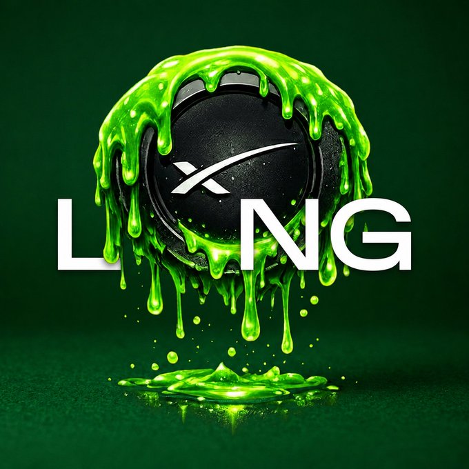 A black ball featuring the X logo is drenched in dripping neon green slime, overlaid with bold white text reading "L...NG." The image ties to the post's mention of launching the first token on @longdotxyz with a narrative spanning both Vlad and Elon, visually tying into the "LONG" ticker and the X (Twitter) branding referenced in the message.