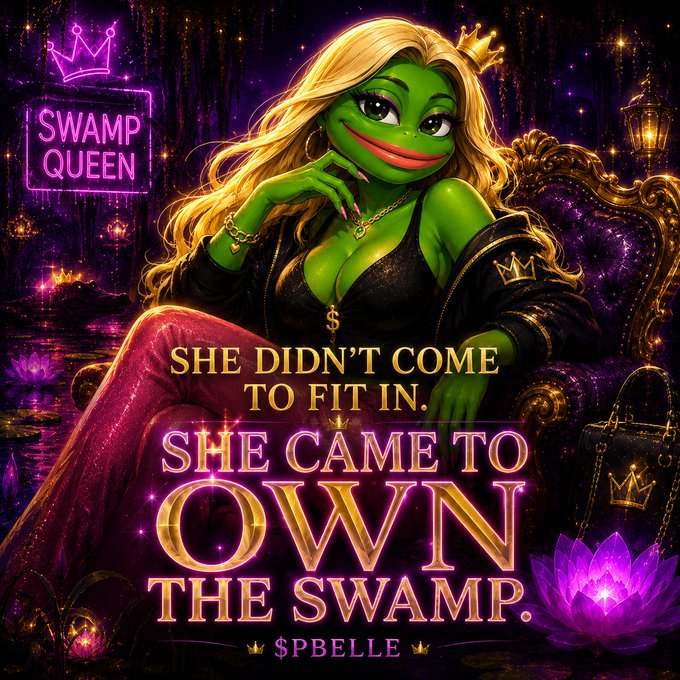 A digital illustration features a green-skinned, frog-like character with blonde hair wearing a gold crown and black outfit, sitting on a throne with text reading 'SHE DIDN'T COME TO FIT IN. SHE CAME TO OWN THE SWAMP.' and '$PBELLE'.