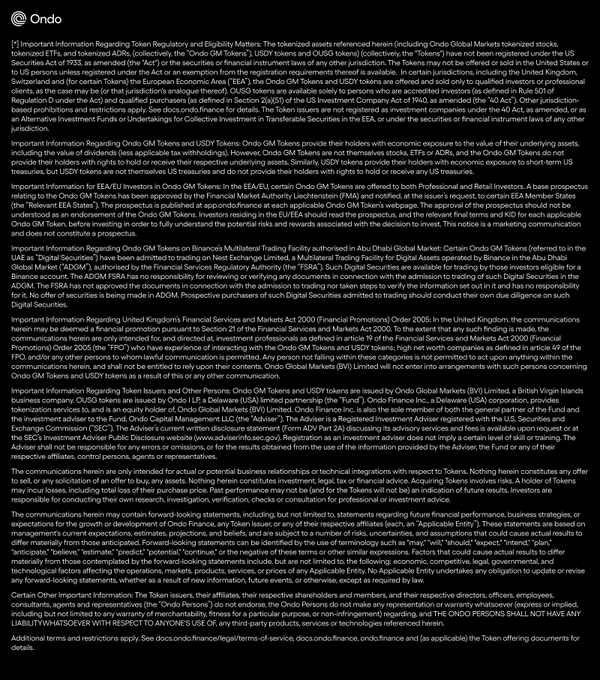 Dense regulatory disclosure text from Ondo Global Markets regarding tokenized stocks, eligibility requirements, and risk warnings for prospective investors.