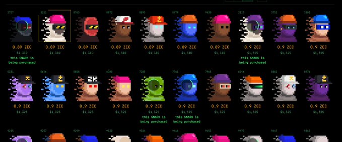 A NFT marketplace displaying multiple pixelated character avatars with prices listed in ZEC, USD, and USDC, each priced at 0.89 or 0.9 ZEC ($1,325 or $1,350).