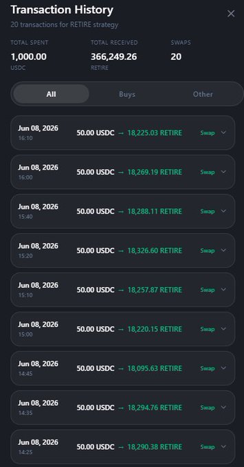The image shows a screen displaying transaction history for a trading app called $retire. There are multiple transactions represented, including dates and amounts involved. The text in the image suggests that people have been investing their money and receiving returns as time has passed. Additionally, an update indicates that more people will be joining the platform soon. While the actual content of the post is not visible within the image, it appears to be related to trading or investment strategies involving transactions on a platform such as $1+ x.com.